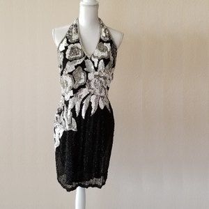 Backless Halter Beaded and Sequin Cocktail Dress